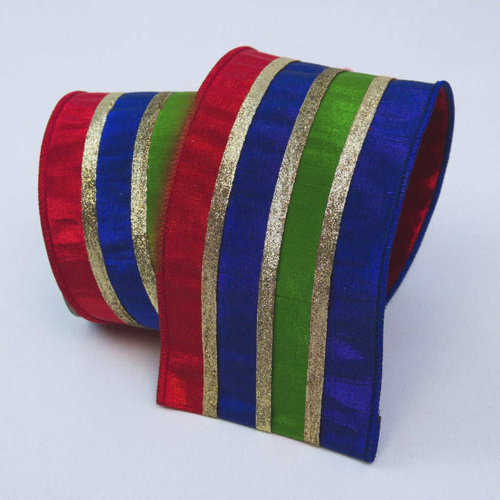 Farrisilk Nutcracker Stripe Ribbon – 4”x10 Yards – Red, Blue & Green Wired Ribbon with Gold Glitter Stripes, Christmas Trees, Garland, Decor