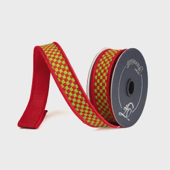 Farrisilk Red & Lime Kitschy Checks Ribbon – 1” x 10 Yards – Wired Checkered Christmas Accent Ribbon for trees, garland and decor