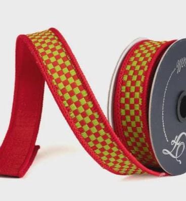 Farrisilk Red & Lime Kitschy Checks Ribbon – 1” x 10 Yards – Wired Checkered Christmas Accent Ribbon for trees, garland and decor