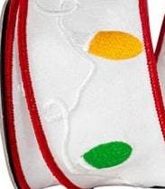 Christmas Lights Embroidered Ribbon – 2.5" x 5 Yards | White Dupioni Wired Edge Holiday Ribbon for Wreaths, Trees, Garland, Bows & Decor