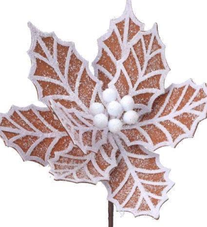 24" Gingerbread Poinsettia Stem – Brown and White Frosted Christmas Floral Pick for Tree, Wreath, or Holiday Arrangement