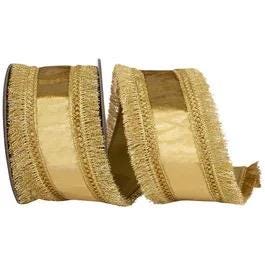 Gold Velvet Fringe Ribbon 2.5” x 5yd – Plush Velvet Dupioni Backed Wired Edge Trim, Luxury Gold Craft Ribbon, Holiday Wreath Ribbon.