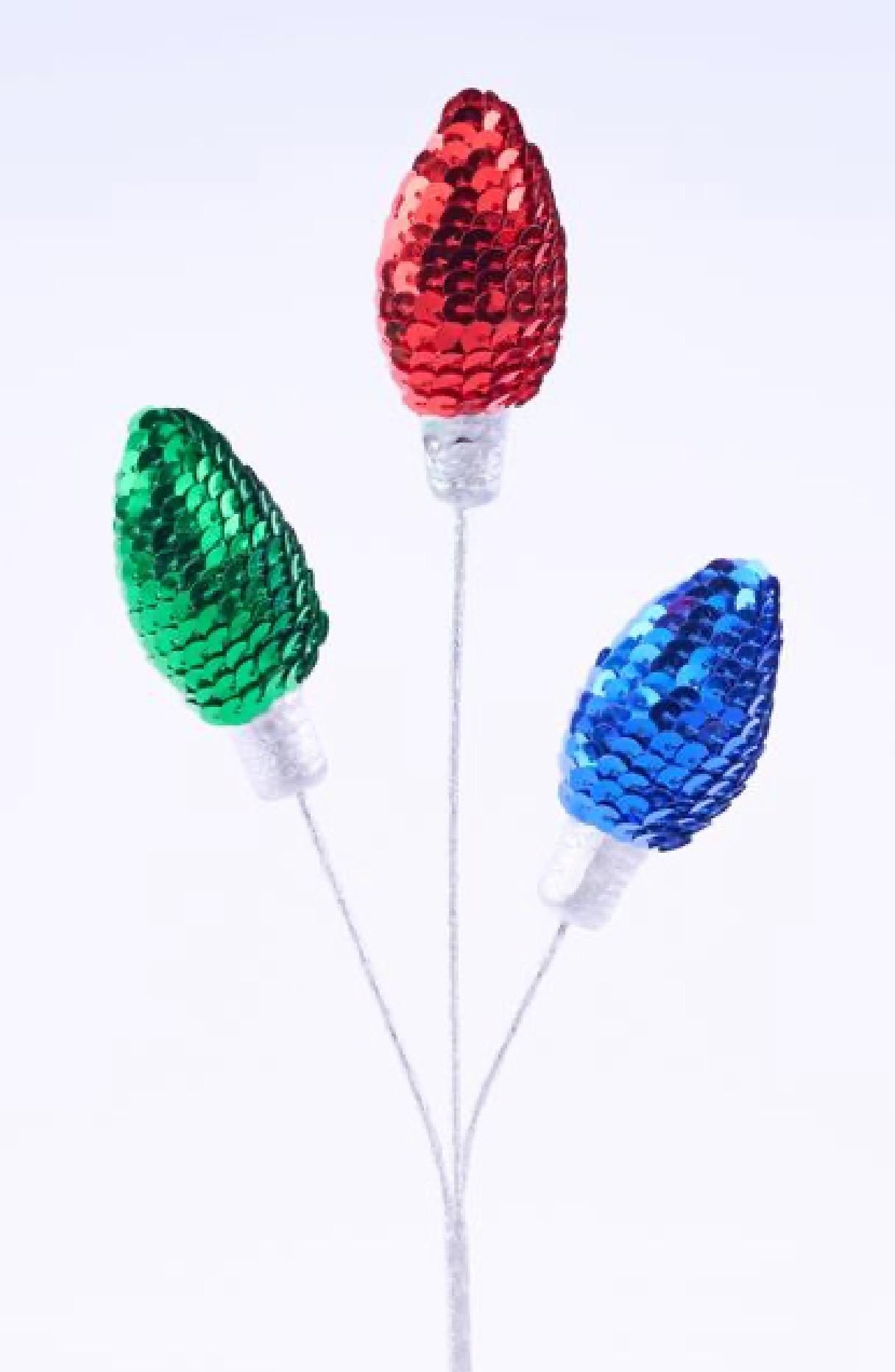 11”L Styrofoam/Sequin Light Bulb Pick x3 – | Christmas Tree Picks | Holiday Décor Floral Stem | Red, Green & Gold Glitter Ornament