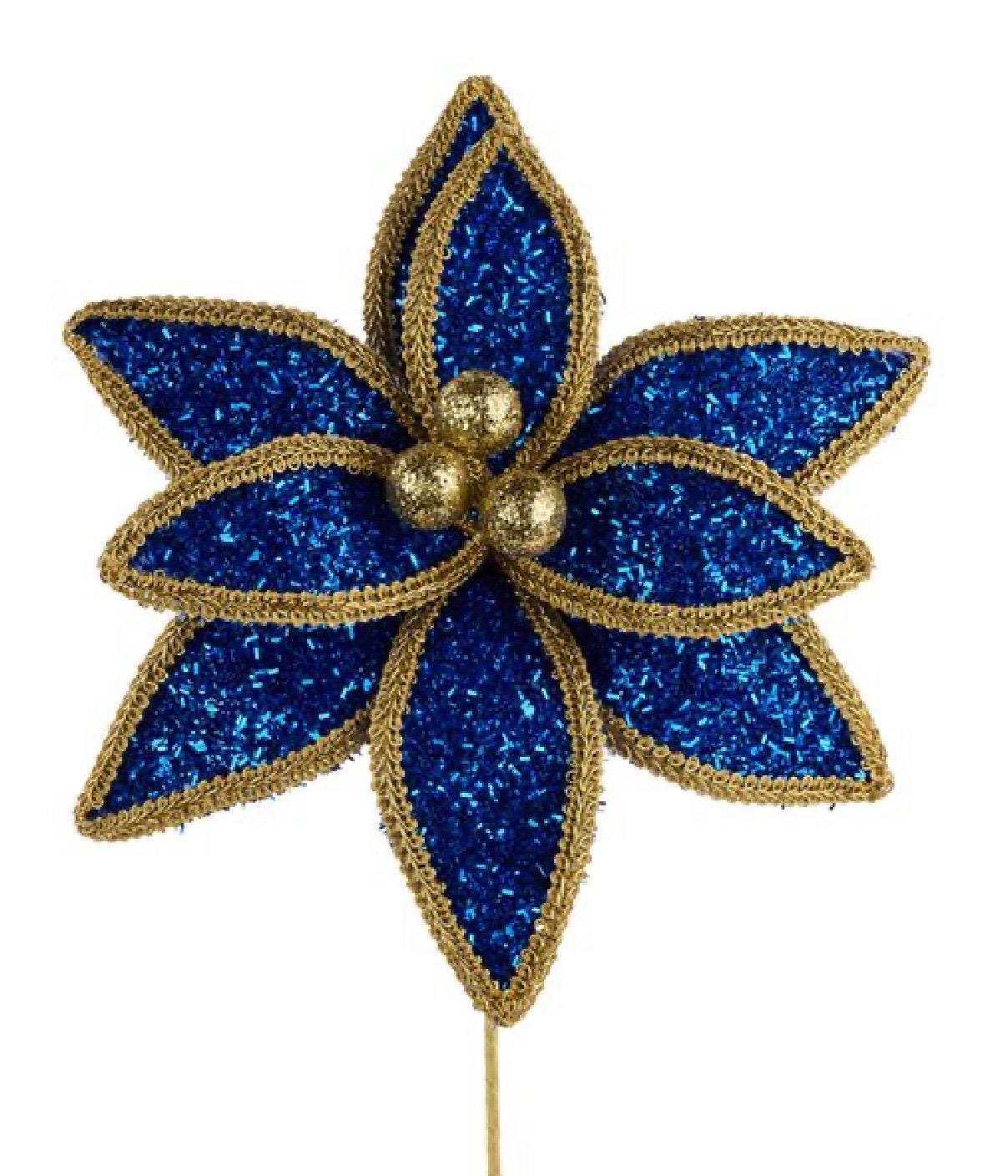 14”L Velvet Glitter & Lace Edge Poinsettia Pick – Dark Blue | Christmas Floral Stem | Elegant Holiday Décor | Winter Wreath, Tree