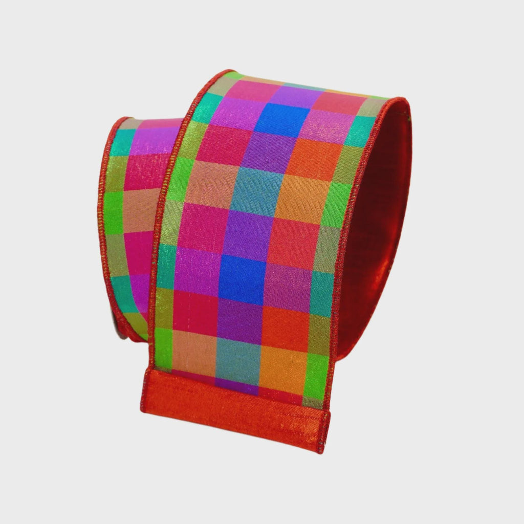 Farrisilk Mulit-Color Checks 4” Ribbon, Luxury Ribbon, Premium Holiday Ribbon, Designer Ribbon, Christmas Tree Ribbon, Bright Spring Ribbon
