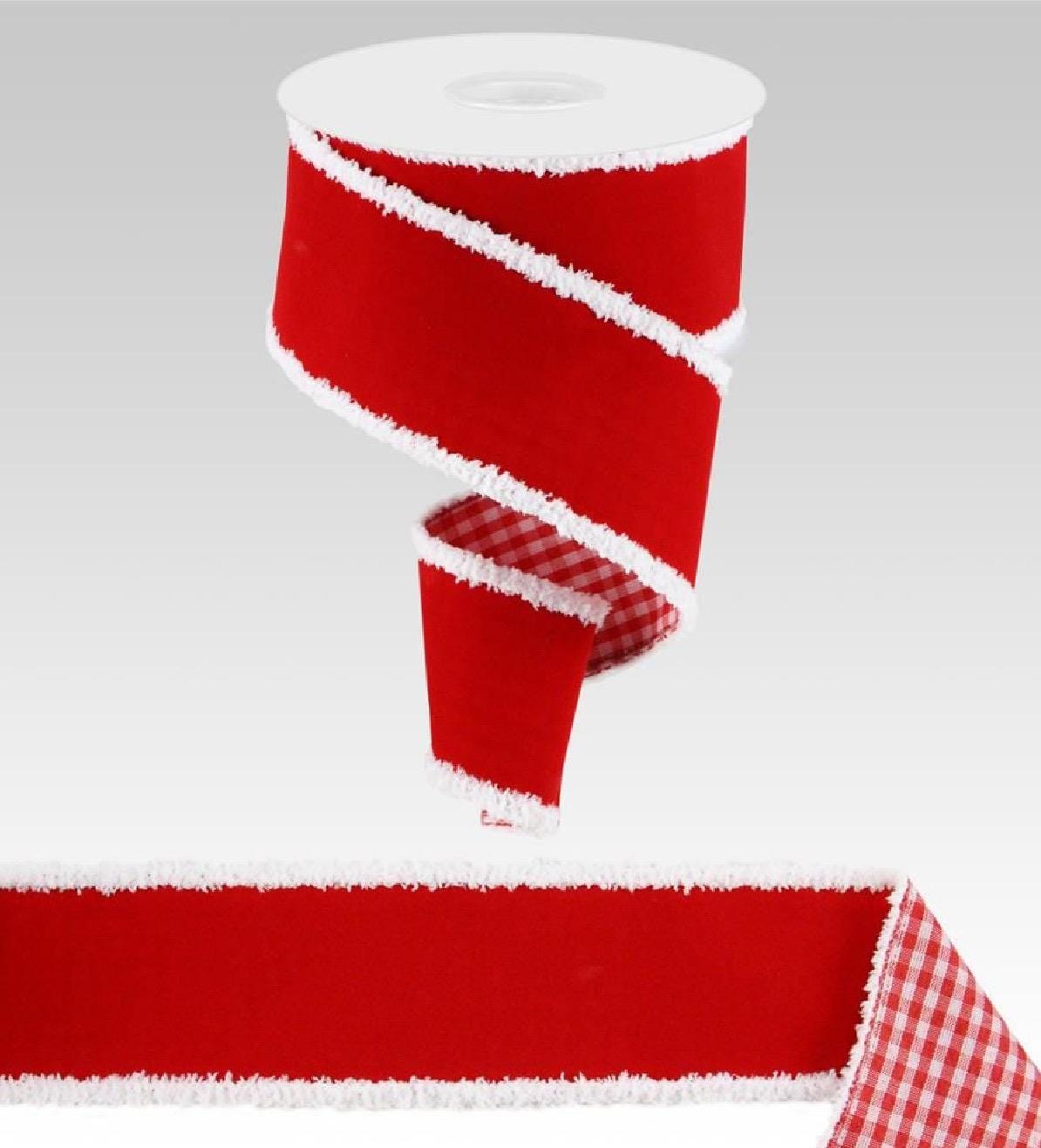 2.5” x 10yd Velvet/Gingham Fused Back Ribbon – Luxury Velvet Ribbon, Farmhouse Christmas Ribbon, Gingham Holiday Bow Ribbon, Wired Edge