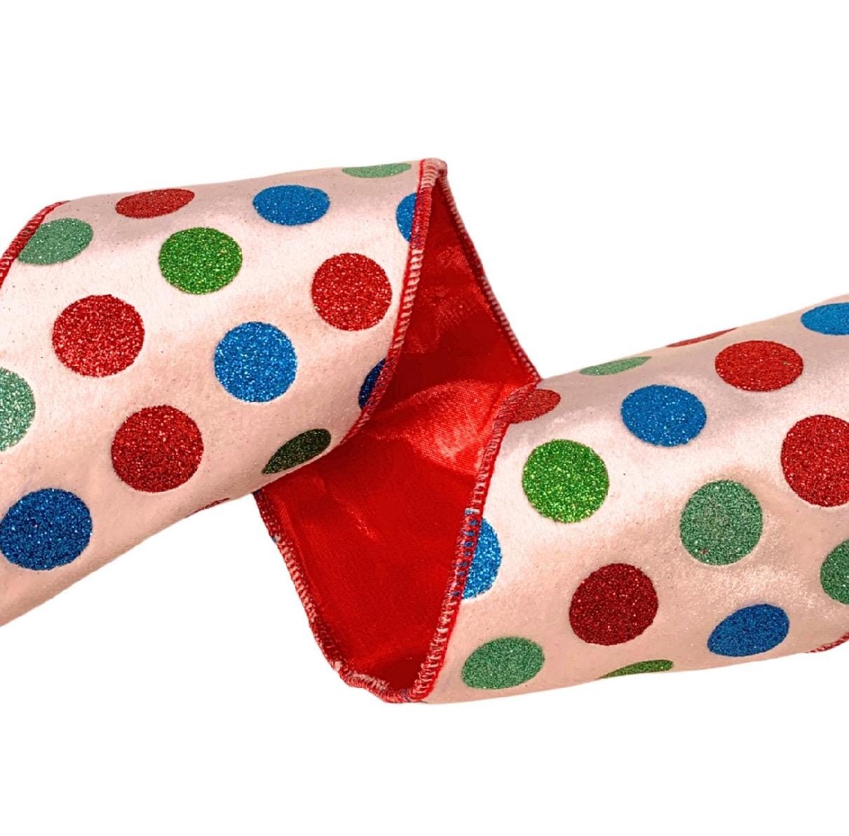 White Velvet Multi-Color Dot Ribbon – 4” x 10 Yards – Whimsical Holiday Ribbon, Polka Dot Christmas Ribbon, Wired Velvet Ribbon, Rainbow Dot