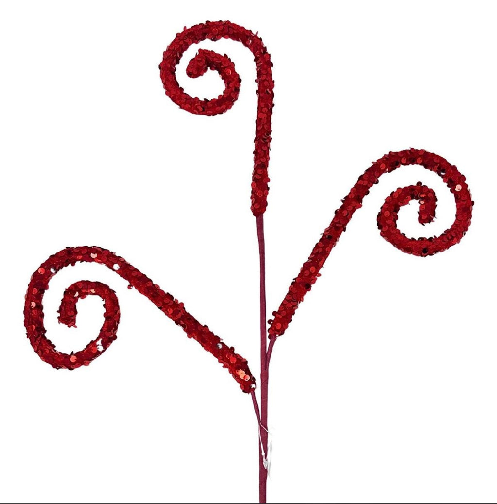 Velvet Sequin Curl Spray – Red 29” – Luxury Christmas Floral Pick, Curly Velvet Stem, Red Sequin Holiday Spray, Glam Tree Topper Filler