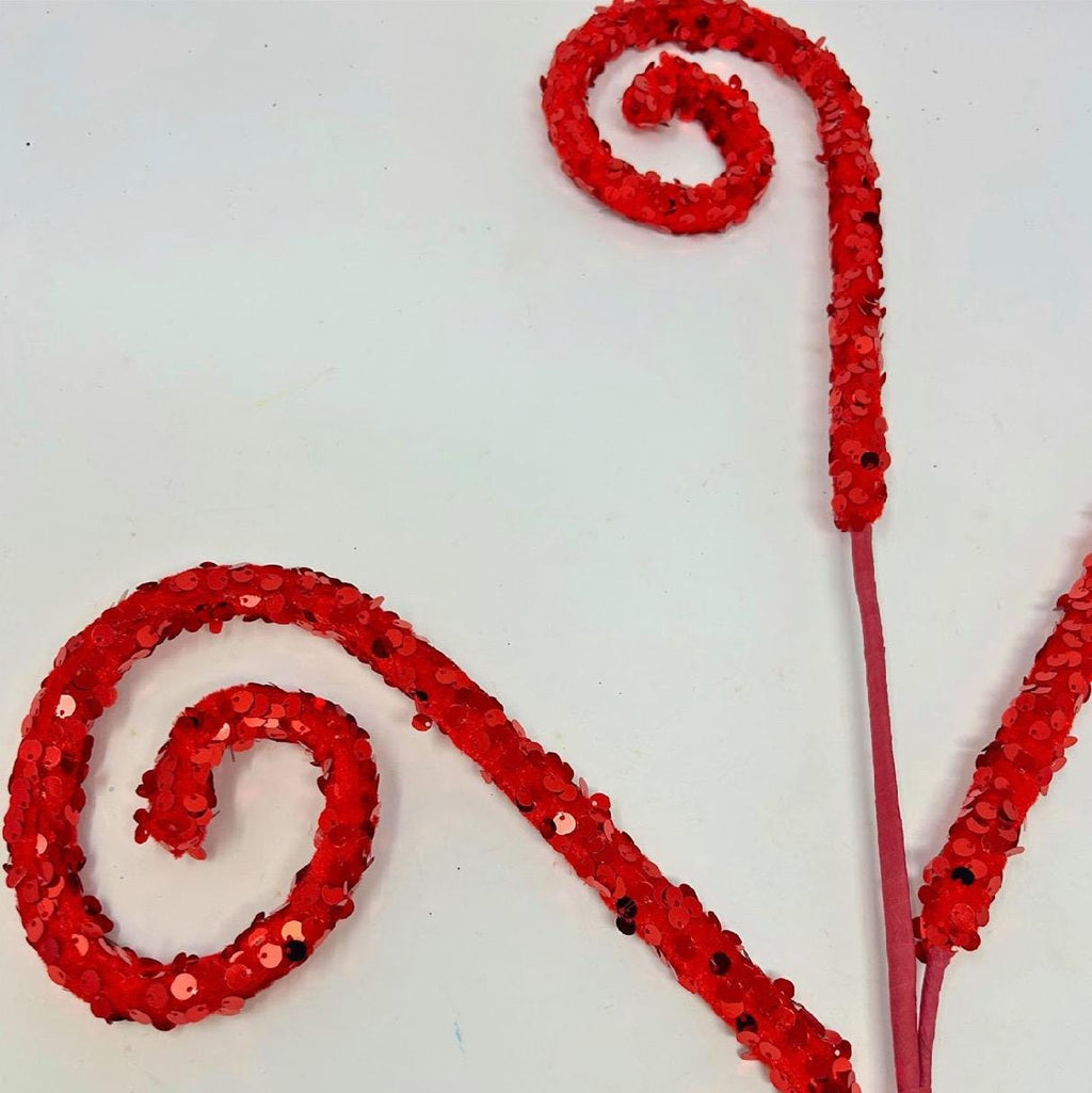 Velvet Sequin Curl Spray – Red 29” – Luxury Christmas Floral Pick, Curly Velvet Stem, Red Sequin Holiday Spray, Glam Tree Topper Filler