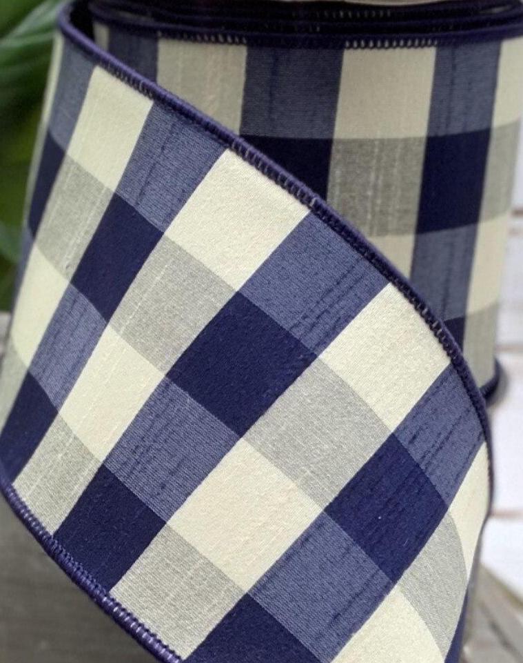 D Stevens Navy & Cream Dupion Check Ribbon – 4” x 10 Yards – Premium D. Wired Edge Ribbon