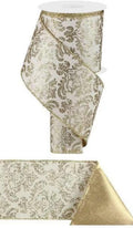 2.5” x 10yd Bold Damask Metallic Ribbon – Ivory & Light Gold, Fused Back, Luxury Holiday Ribbon, Wedding Ribbon, Wreath Craft Supplies