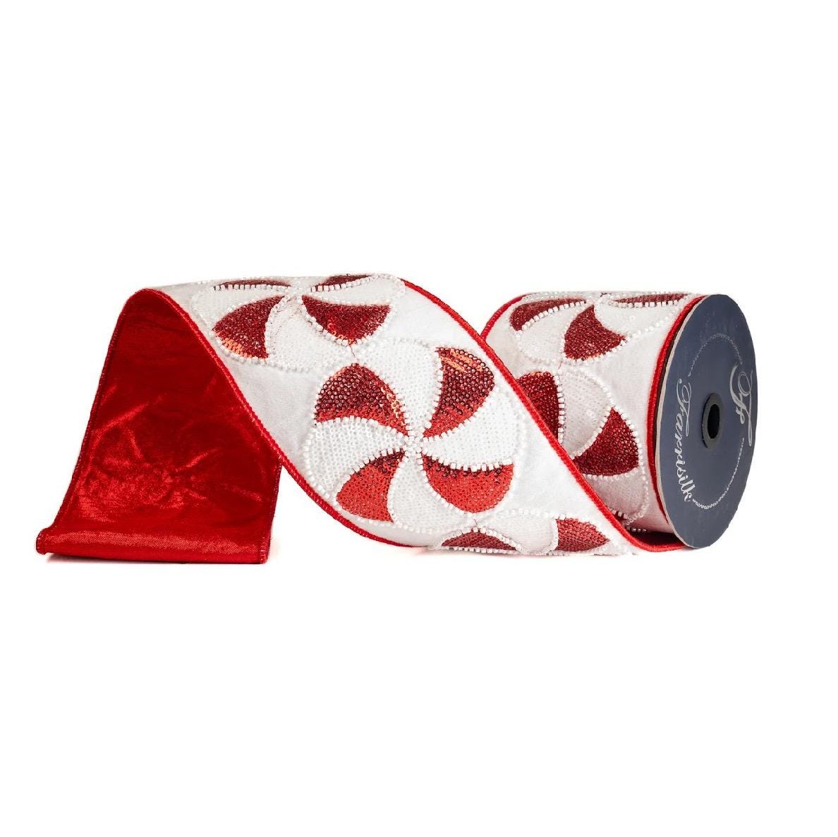 Farrisilk 4” x 5yd Red & White Peppermint Candies Ribbon – Luxury Christmas Ribbon, Velvet Metallic Holiday Ribbon, Wreath Tree Décor