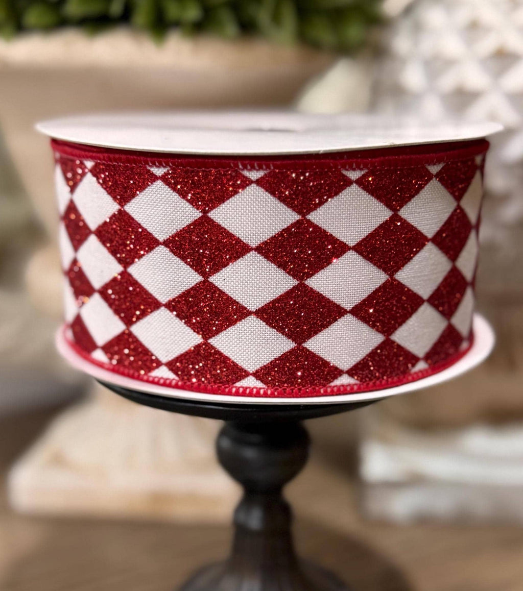 Farrisilk Red White Glittered Harlequin Ribbon 2.5” x 10 yards, Wired Ribbon, Luxe Holiday Ribbon, Christmas Tree Ribbon, Designer Christmas