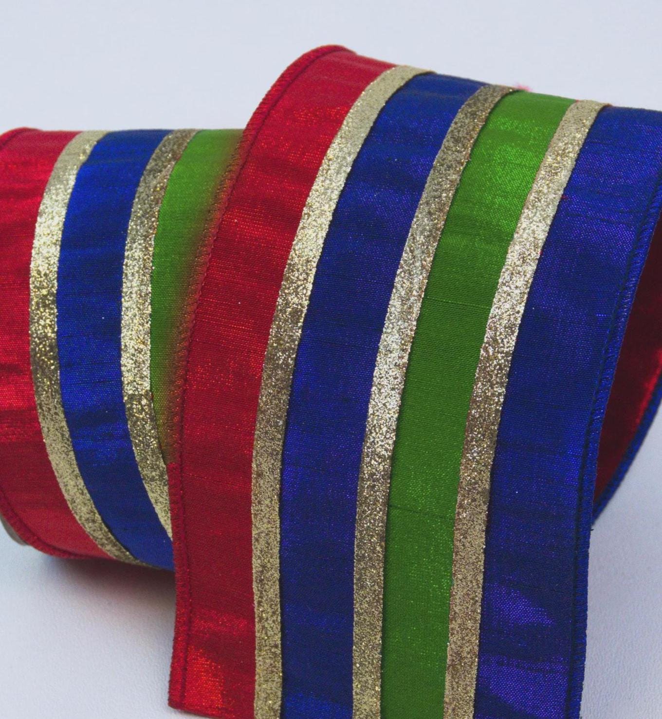 Farrisilk Nutcracker Stripe Ribbon – 4”x10 Yards – Red, Blue & Green Wired Ribbon with Gold Glitter Stripes, Christmas Trees, Garland, Decor