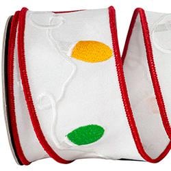 Christmas Lights Embroidered Ribbon – 2.5" x 5 Yards | White Dupioni Wired Edge Holiday Ribbon for Wreaths, Trees, Garland, Bows & Decor