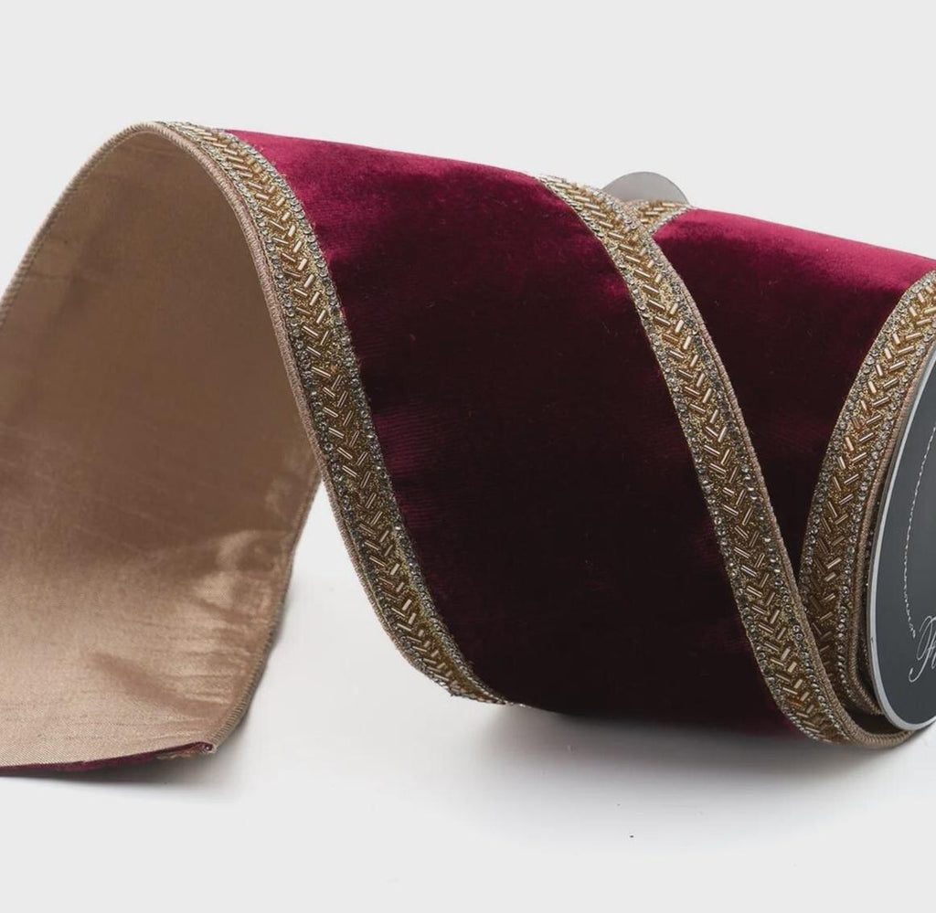 Farrisilk Burgundy Velvet Ribbon with Gold Trim – 4" x 5 Yards | Designer Wired Holiday Ribbon for Bows, Trees & Wreaths