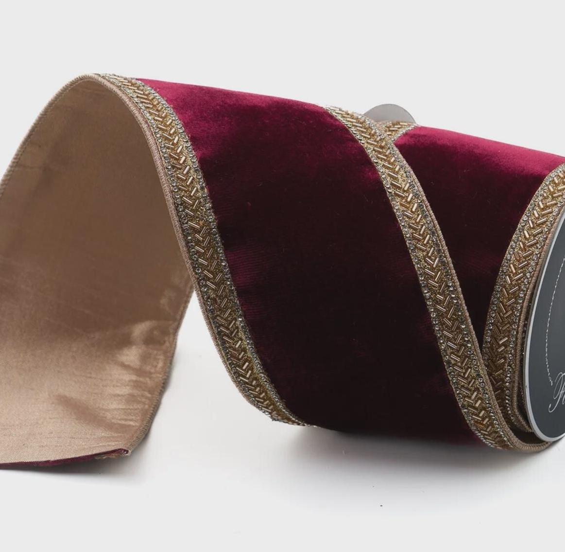 Farrisilk Burgundy Velvet Ribbon with Gold Trim – 4" x 5 Yards | Designer Wired Holiday Ribbon for Bows, Trees & Wreaths