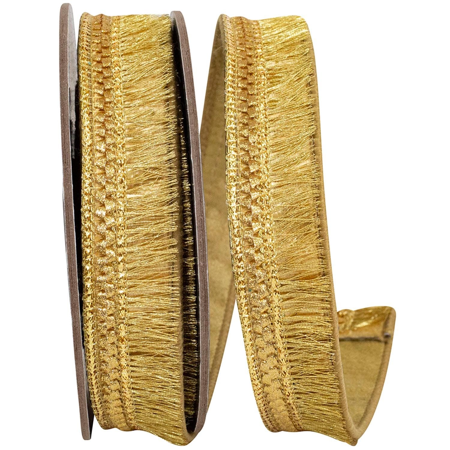 Gold Velvet Fringe Ribbon – 7/8” x 5yd – Reliant Ribbon Plush Deluxe Wired Edge Trim, Holiday Craft Ribbon, Gift Wrapping Fringe Trim.