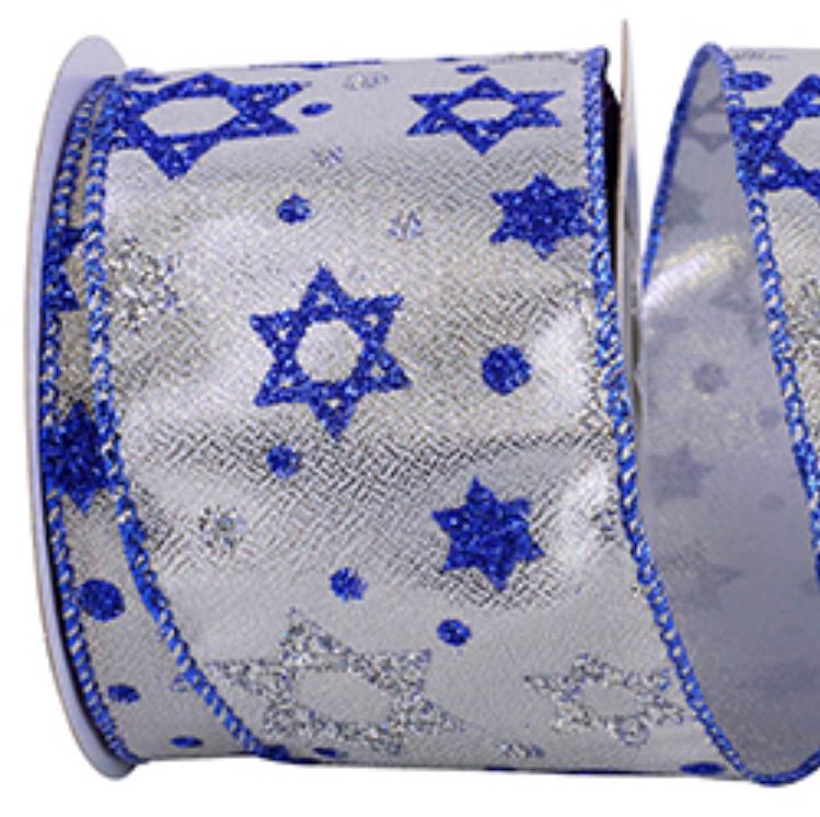 Reliant Ribbon Hanukkah Star of David Ribbon 2.5” x 10 Yards Metallic Blue Silver Wired Edge Ribbon Jewish Holiday Decor Wreath Bow Gift