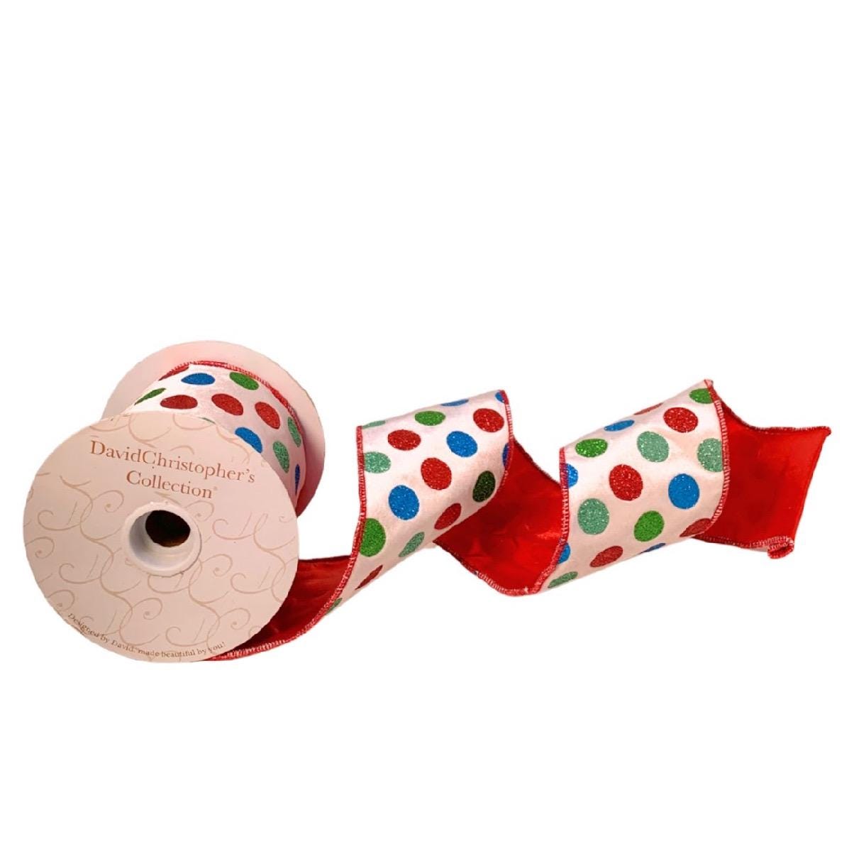 White Velvet Multi-Color Dot Ribbon – 4” x 10 Yards – Whimsical Holiday Ribbon, Polka Dot Christmas Ribbon, Wired Velvet Ribbon, Rainbow Dot