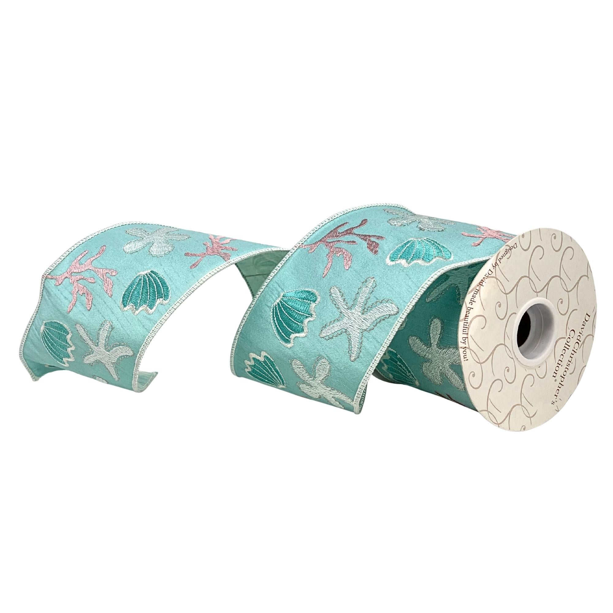 Ocean Scene Embroidered 4” Ribbon, Luxury Ribbon, Christmas Ribbon, Premium Holiday Ribbon, 10 Yard Ribbon, Coastal Christmas Ribbon Wired