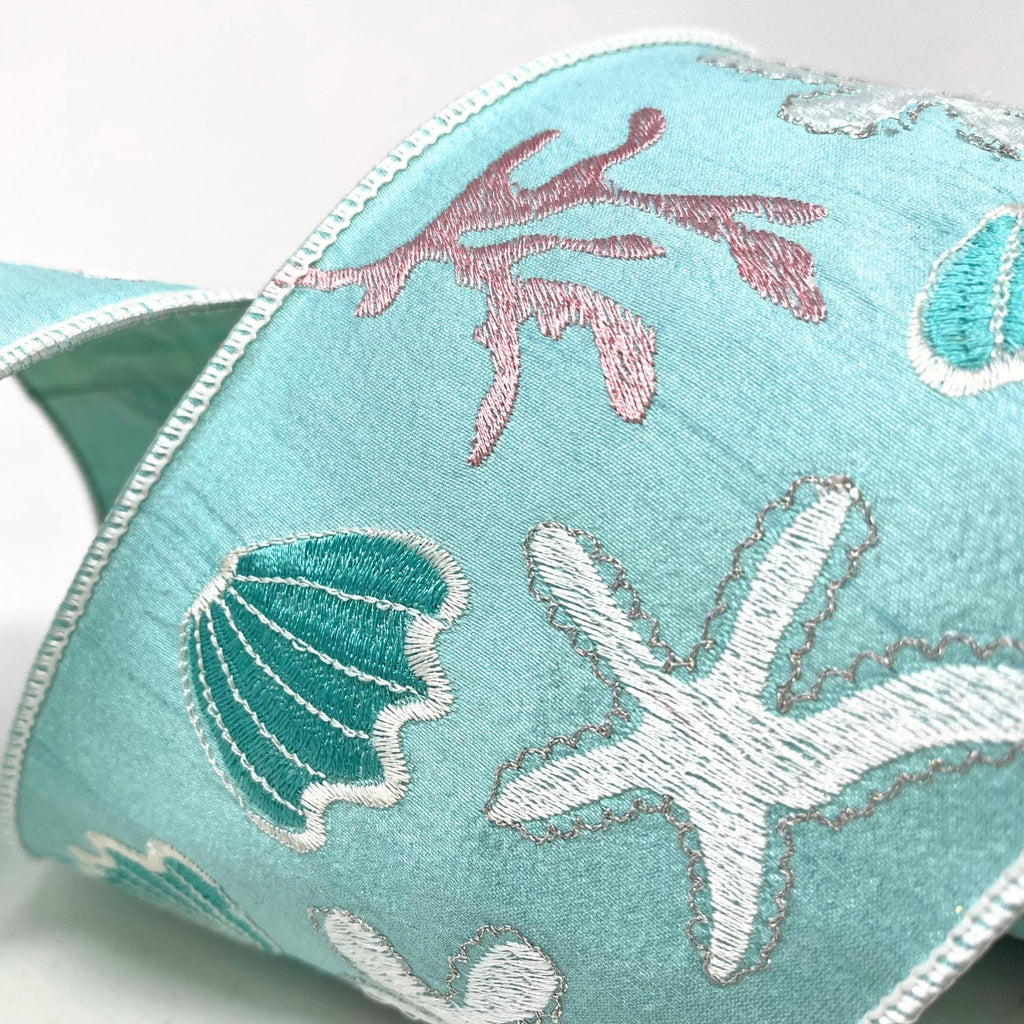 Ocean Scene Embroidered 4” Ribbon, Luxury Ribbon, Christmas Ribbon, Premium Holiday Ribbon, 10 Yard Ribbon, Coastal Christmas Ribbon Wired