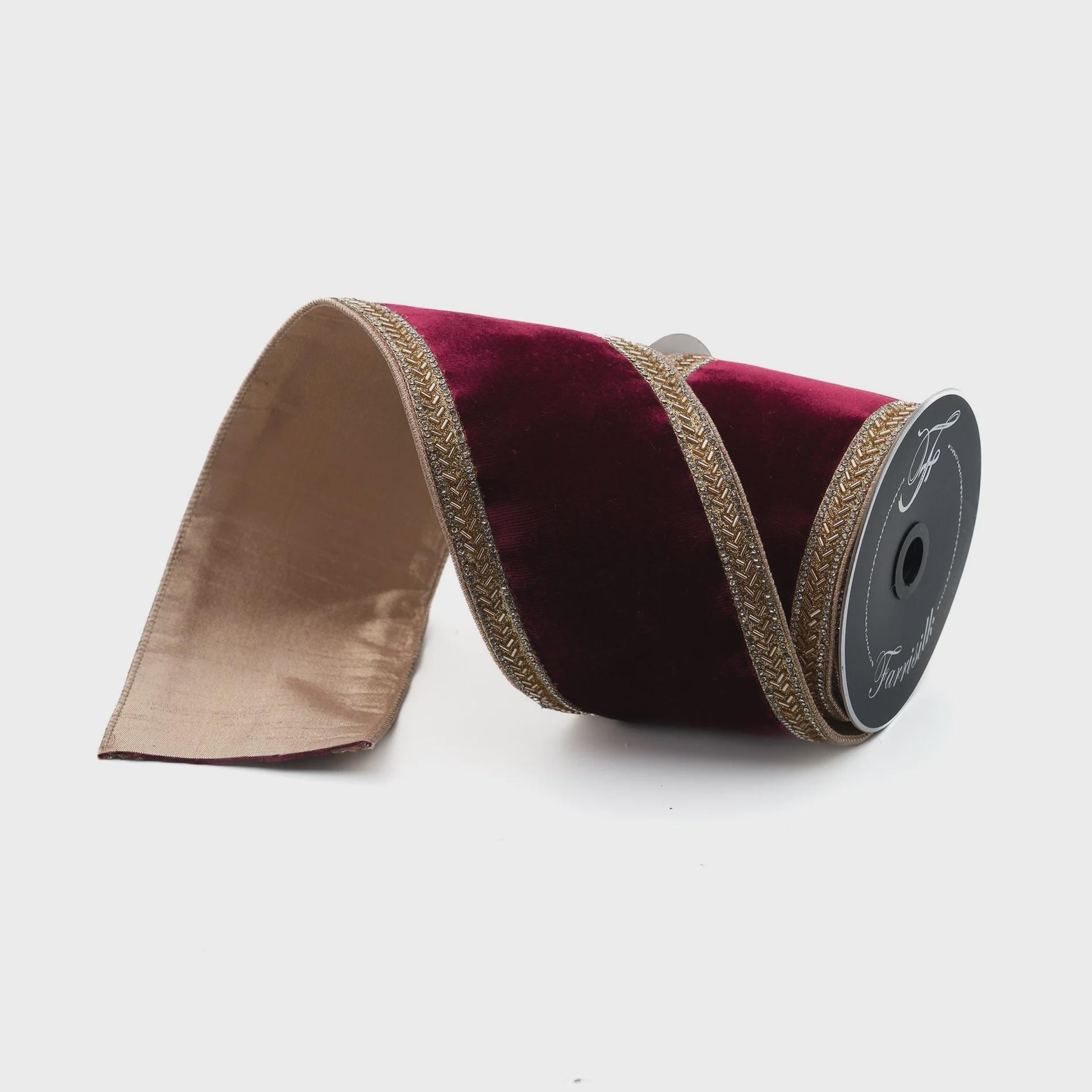Farrisilk Burgundy Velvet Ribbon with Gold Trim – 4" x 5 Yards | Designer Wired Holiday Ribbon for Bows, Trees & Wreaths