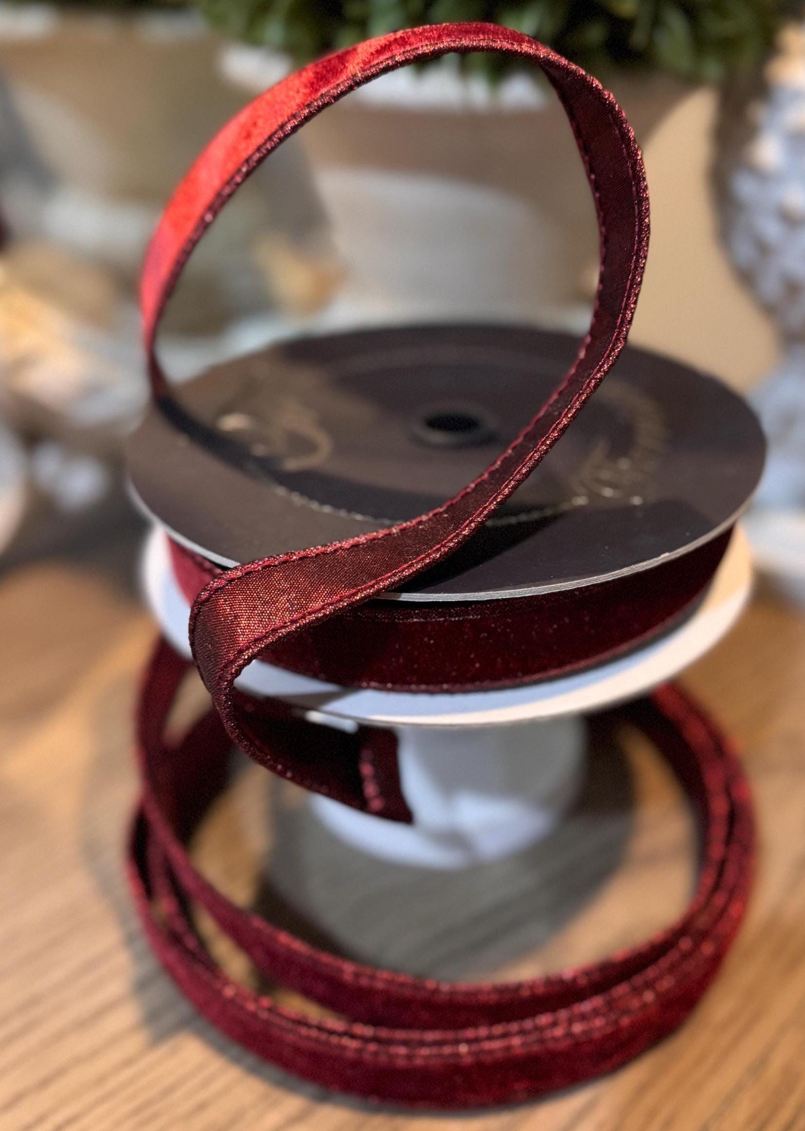 Farrisilk Burgundy Velvet Luster Ribbon – 1" Wired Designer Ribbon for Bows, Holiday Decor, Gift Wrapping & Floral Design