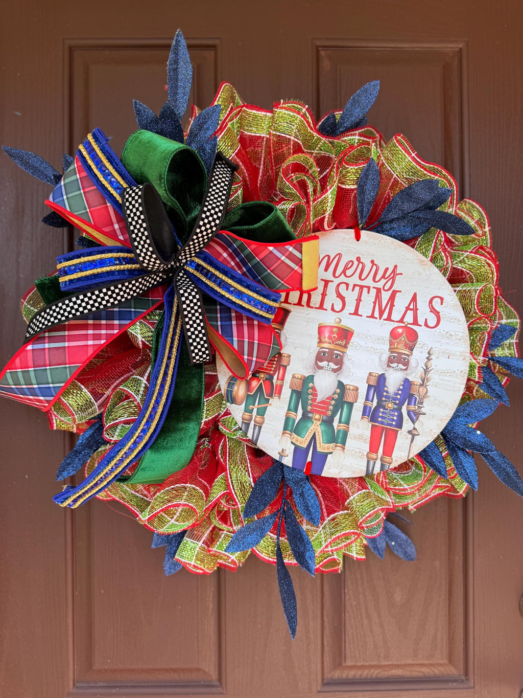 Nutcracker Christmas Wreath – Handmade Holiday Door Decor with Mesh, Velvet Bows & Plaid Ribbon | Front Porch Christmas Wreath