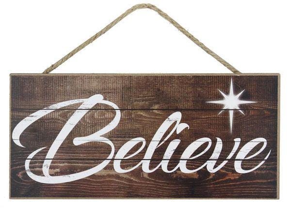 Rustic 12.5" x 6" MDF "Believe" Sign with Star – Christmas Wall Decor, Sign for Wreath