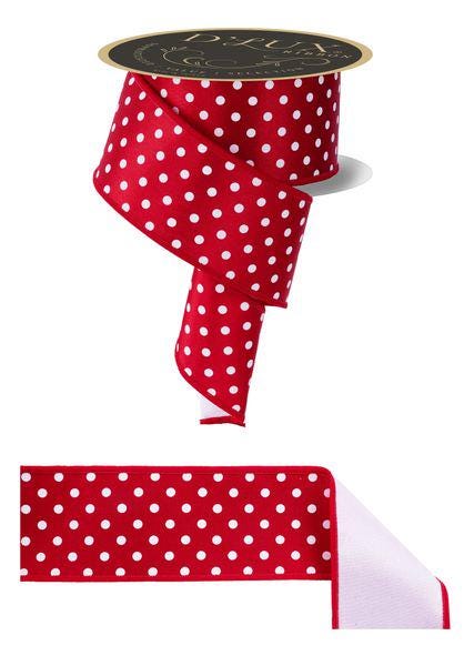 2.5" x 10yd Red & White Small Polka Dot Wired Ribbon – Double Sided Fused Satin