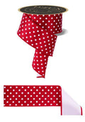 2.5" x 10yd Red & White Small Polka Dot Wired Ribbon – Double Sided Fused Satin