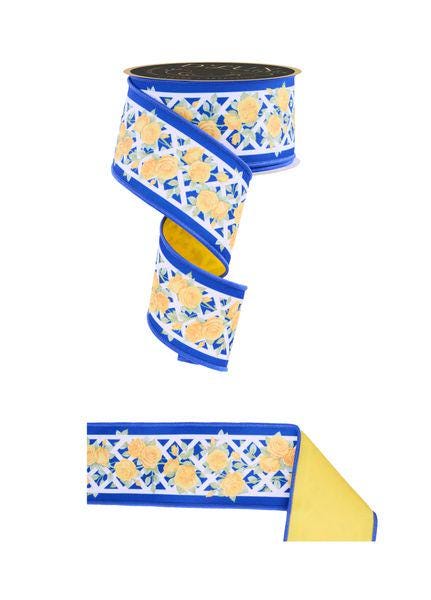 2.5" x 10yd Rose Trellis Ribbon – Blue, Yellow & White Wired Designer Ribbon