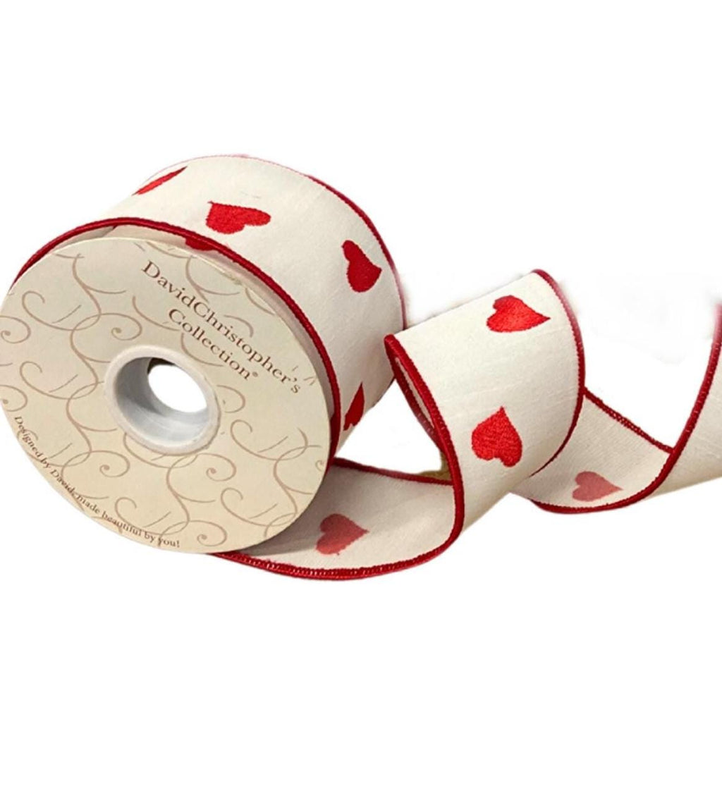2.5" x 10yd Red Heart Embroidered White Dupioni Ribbon – White Sheer Back with Red Edge, Valentine’s Day Wired Ribbon