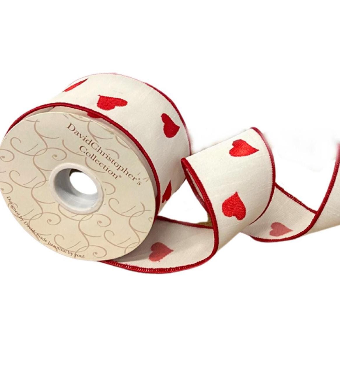 2.5" x 10yd Red Heart Embroidered White Dupioni Ribbon – White Sheer Back with Red Edge, Valentine’s Day Wired Ribbon