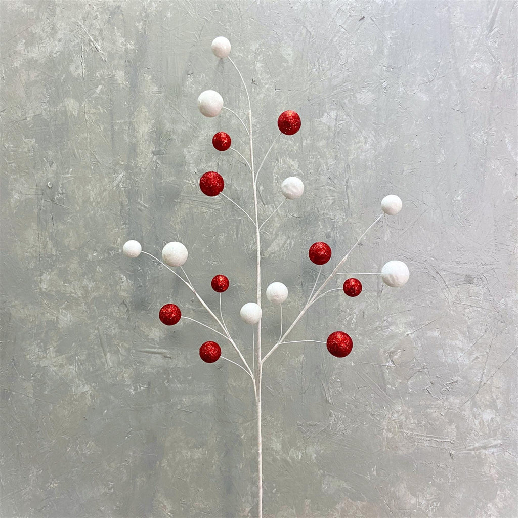 Whimsical Glitter Ball Spray – 33" Red & White Holiday Pick, Valentines Spray, Patriotic Pick