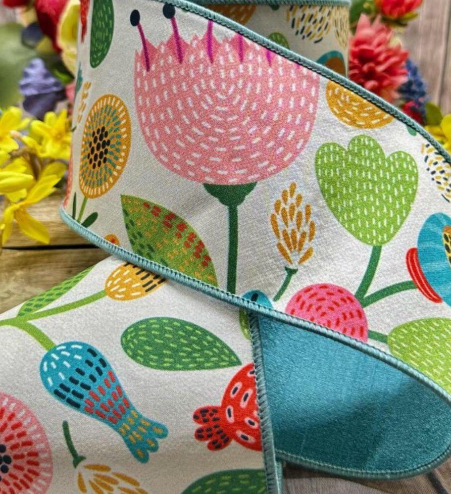 D. Stevens 4" x 10yd Dupion Ribbon – Large Abstract Floral | Green, Blue, Pink