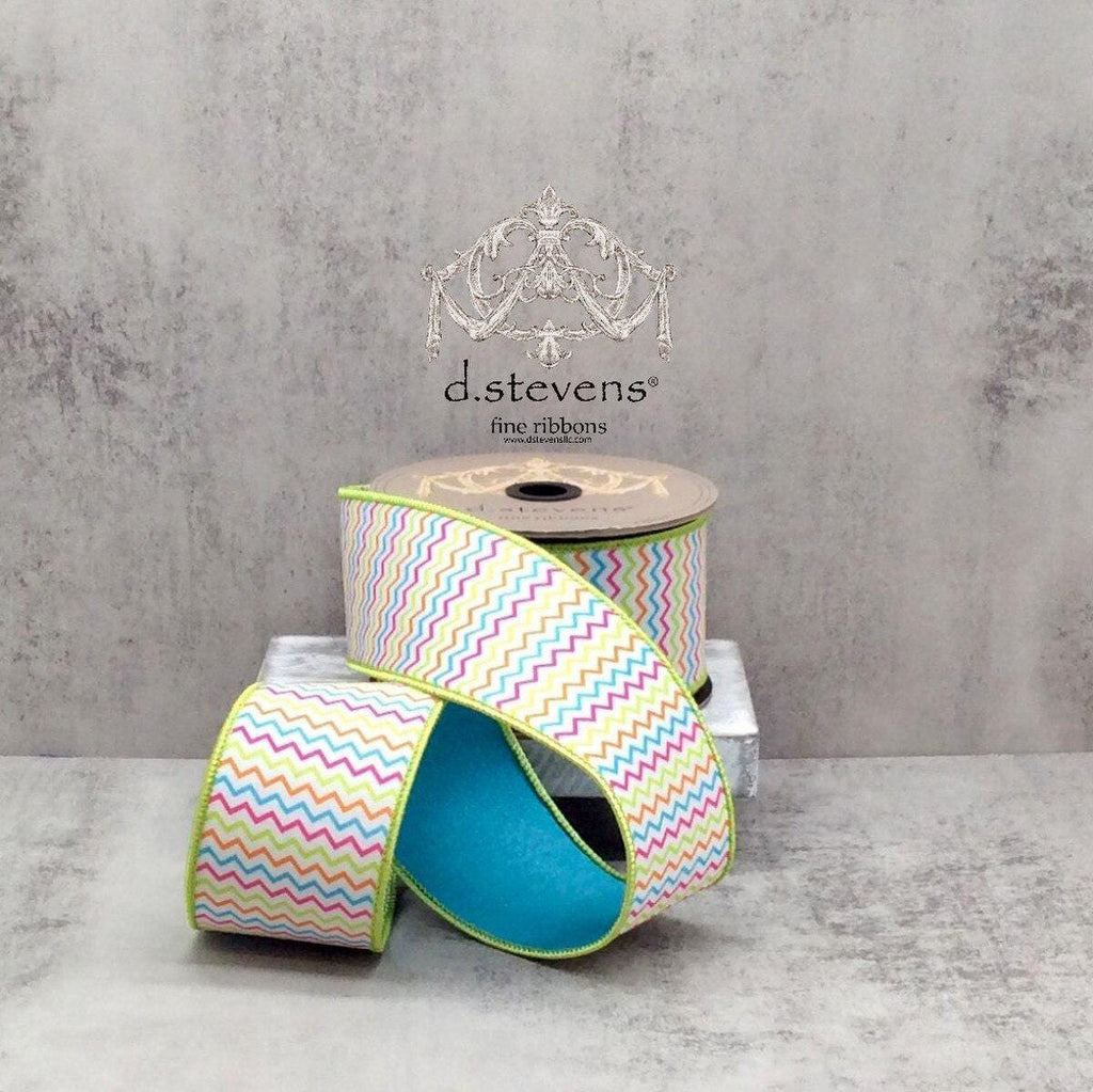 D. Stevens 2.5" Chevron Ribbon – Colorful Dupion Wired Ribbon 10 Yards – Pink Orange Teal Lime – Easter, Spring, Bows, Wreaths, Crafts