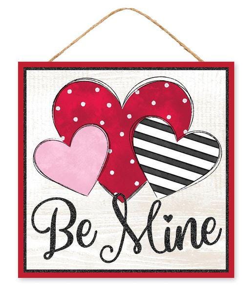 Be Mine Valentine Sign – 10" Glitter Heart Wall Decor – Pink Red Black White – Rustic Valentine Door Hanger – Cute Love Sign