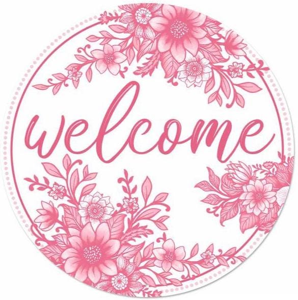 Pink & White Floral Chinoiserie Welcome Sign – 12" Round Metal Door Hanger