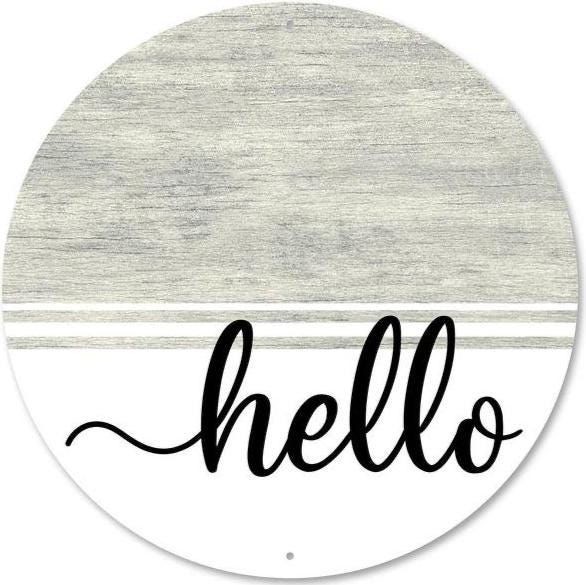 Hello Sign Wreath Sign – 12" Round Metal Wall Decor | Rustic Grey Wood Look Welcome Sign | Front Door or Porch Greeting