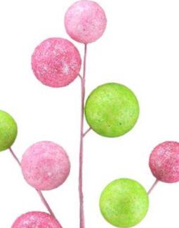 21" Glittered Ball Spray – Pink & Green Faux Pick for Wreaths, Centerpieces, Holiday Decor