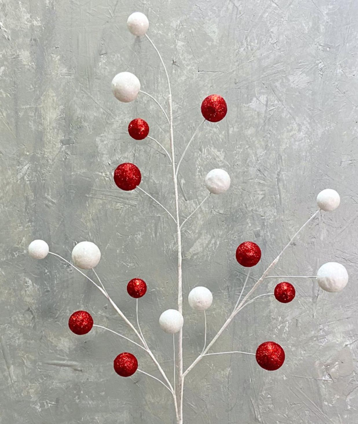 Whimsical Glitter Ball Spray – 33" Red & White Holiday Pick, Valentines Spray, Patriotic Pick