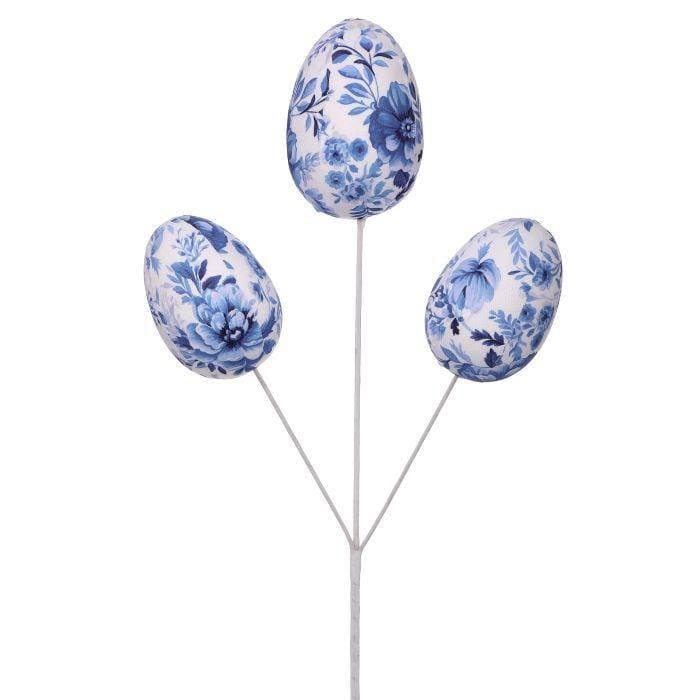 18" Blue & White Toile Easter Egg Pick, Fabric Floral Egg Stem, Vintage Spring Decor, Chinoiserie Easter Arrangement, French Country Easter