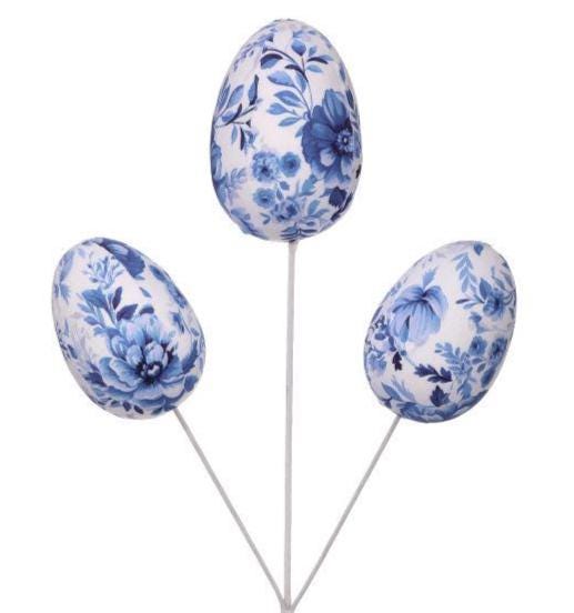 18" Blue & White Toile Easter Egg Pick, Fabric Floral Egg Stem, Vintage Spring Decor, Chinoiserie Easter Arrangement, French Country Easter