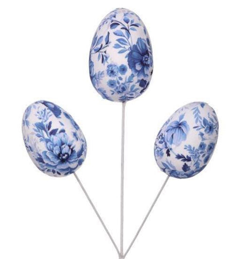 18" Blue & White Toile Easter Egg Pick, Fabric Floral Egg Stem, Vintage Spring Decor, Chinoiserie Easter Arrangement, French Country Easter