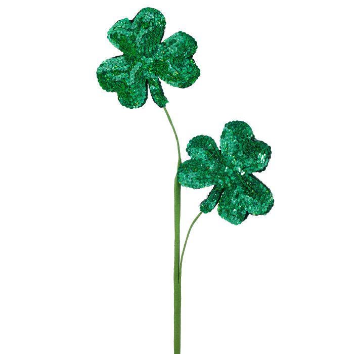 21" Shamrock Stem – Double Sequin Green Clover Pick, St. Patrick's Day Floral Decoration, Sparkly Lucky Leaf Stem, Irish Centerpiece Decor