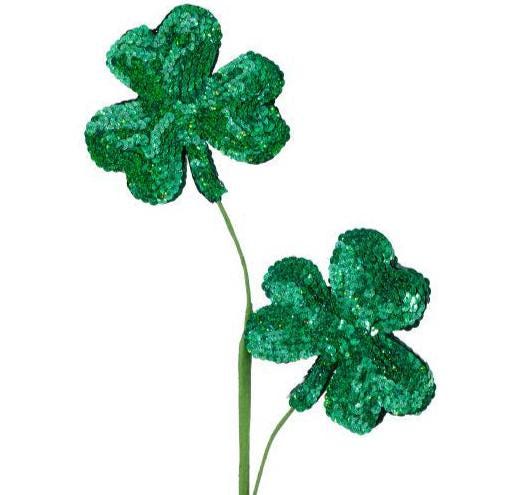 21" Shamrock Stem – Double Sequin Green Clover Pick, St. Patrick's Day Floral Decoration, Sparkly Lucky Leaf Stem, Irish Centerpiece Decor