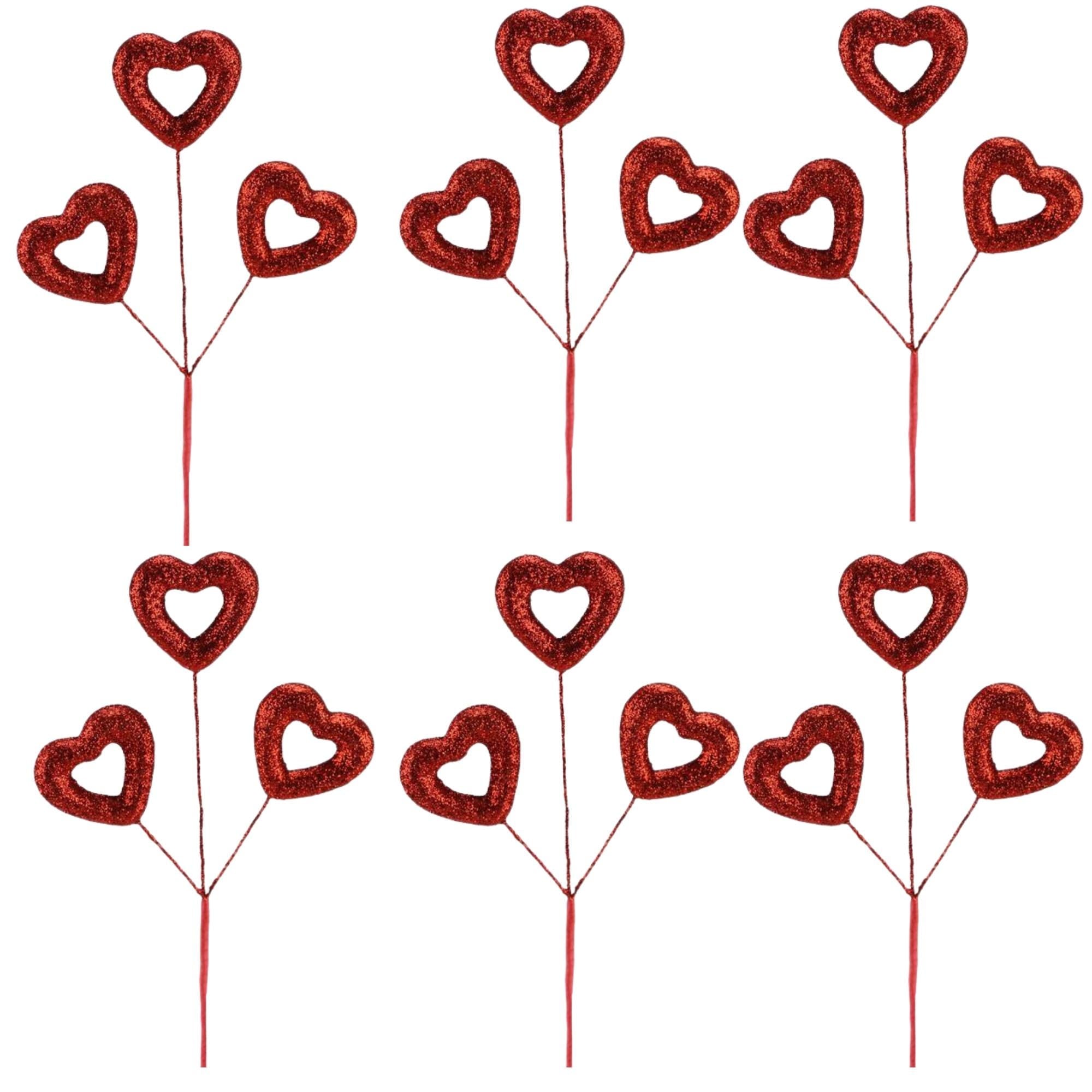 Set of 6 – Red Glitter Open Heart Spray Picks 17", Valentine’s Day Decoration, Sparkly Heart Floral Stems for Wreaths, Bouquets, DIY Crafts