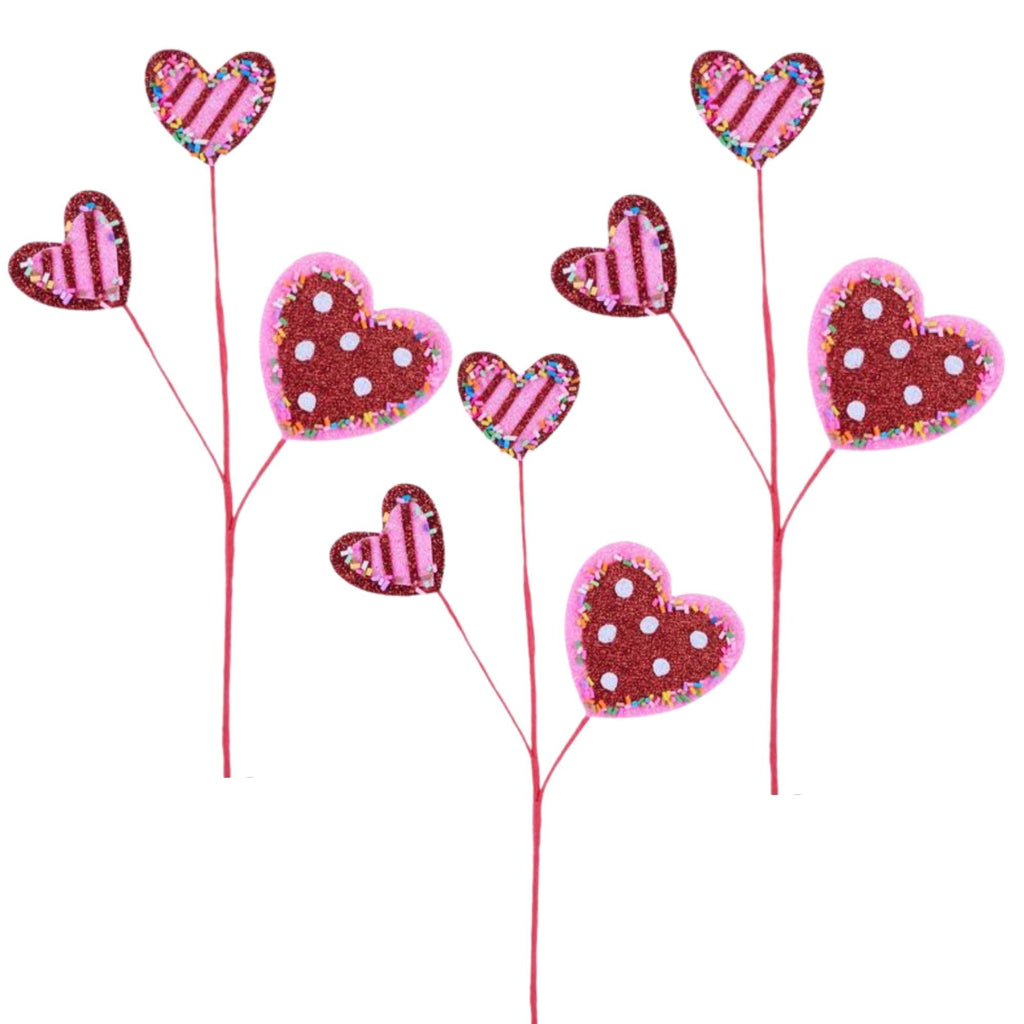 Set of 3 – 12" Glitter Heart Picks with Sprinkles, Valentine’s Day Wreath Inserts, Candy-Themed Heart Stems for Bouquets, DIY Crafts & Decor